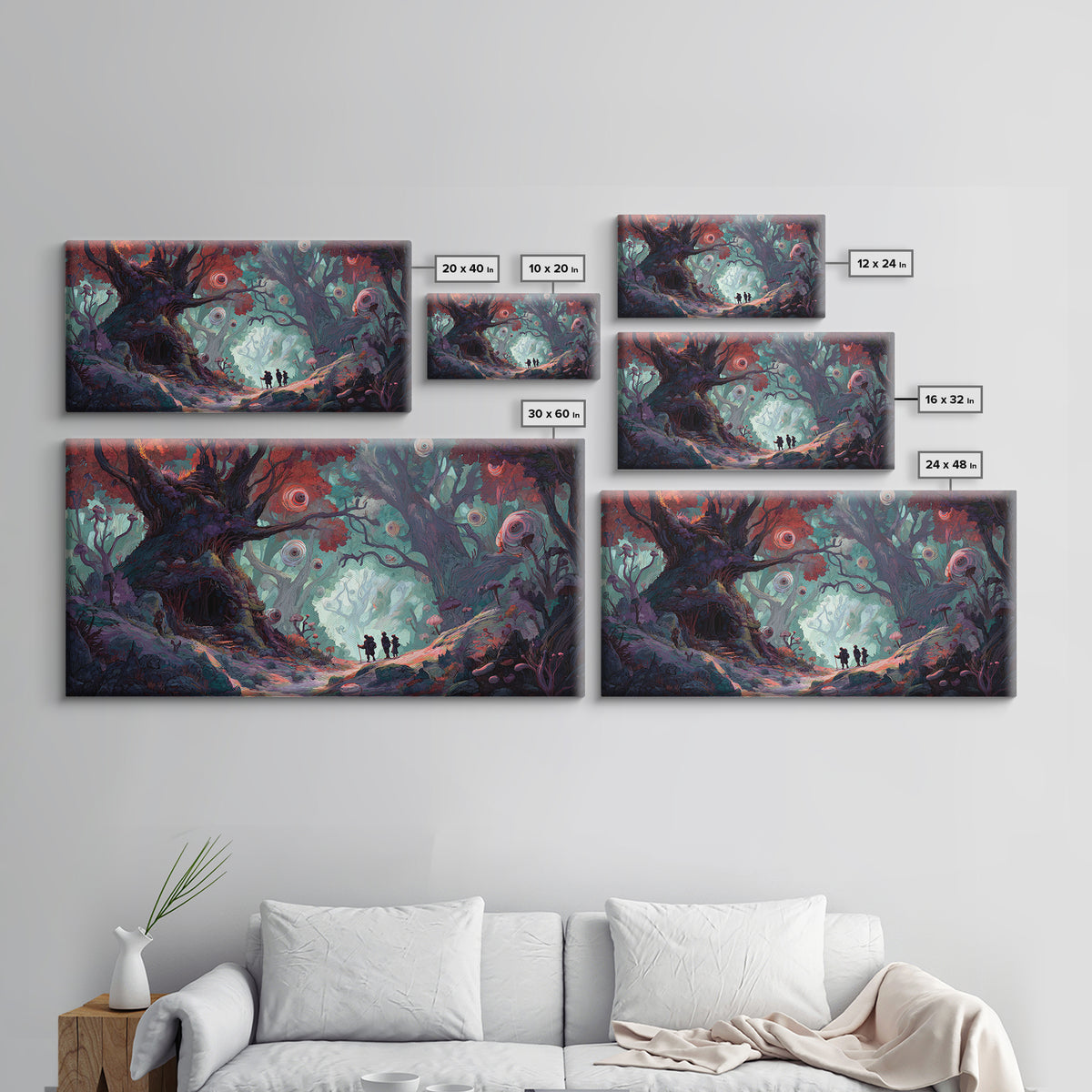 Enchanted Forest Path With Glowing Orbs Wall Art, Fantasy Woodland Canvas Print, Whimsical Fairy Tale Home Decor, Living Room Decor