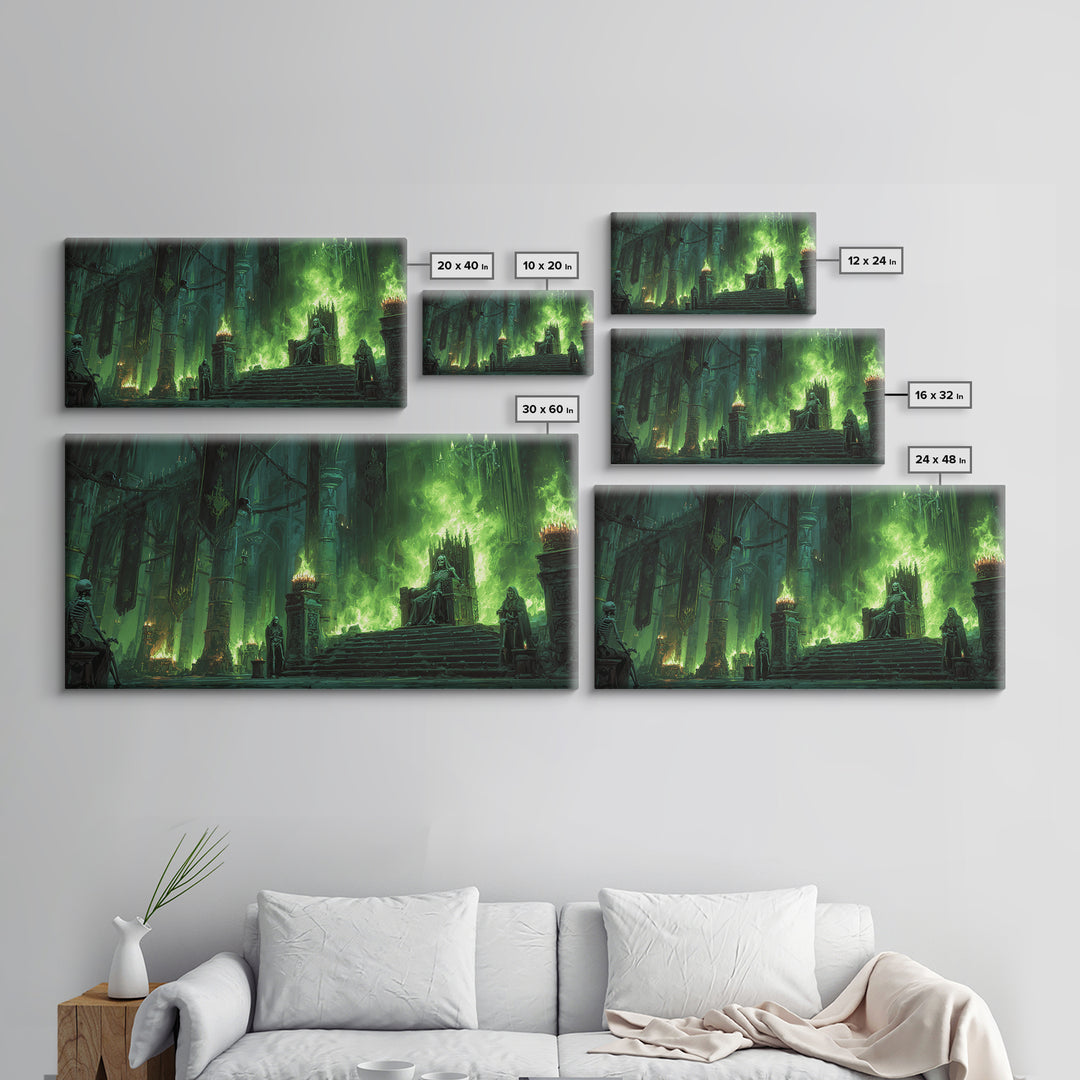 Emerald Gothic Throne Room With Skeletons Canvas Print, Dark Fantasy Art, Moody Wall Decor, Surreal Statement Art For Living Room