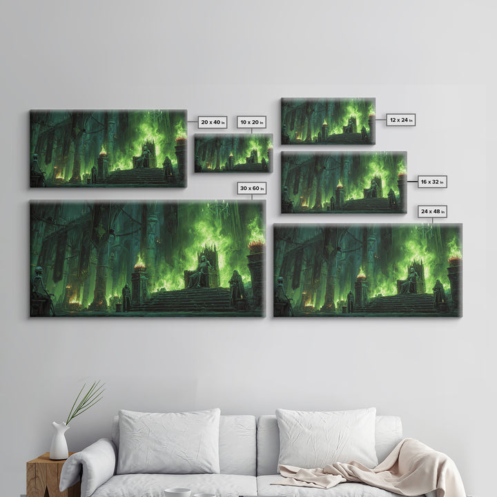Emerald Gothic Throne Room With Skeletons Canvas Print, Dark Fantasy Art, Moody Wall Decor, Surreal Statement Art For Living Room