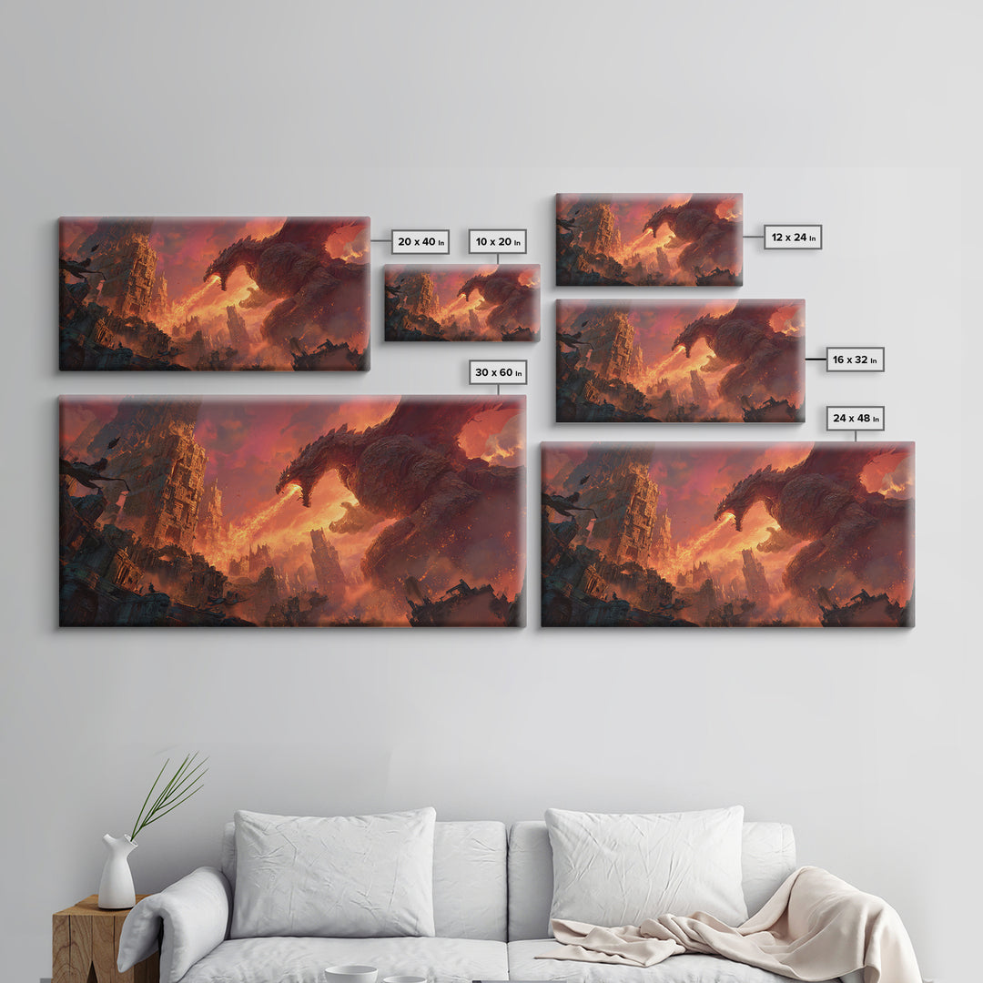 Fire Breathing Dragon Over Ruined City Canvas Print, Dark Fantasy Wall Art, Apocalyptic Decor, Gaming Room Statement Art