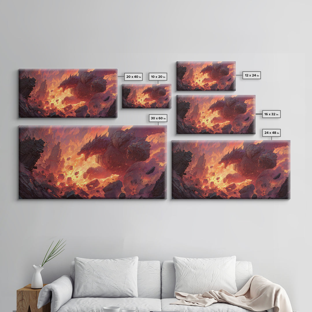 Fire Dragon Rising From Ruins Wall Art, Dark Fantasy Canvas Print, Epic Mythical Decor For Gamer Room And Statement Wall