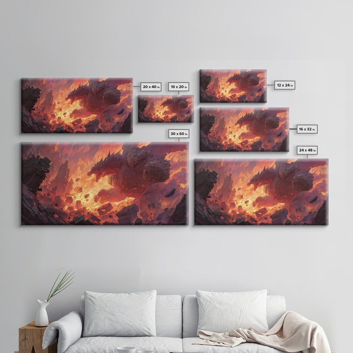Fire Dragon Rising From Ruins Wall Art, Dark Fantasy Canvas Print, Epic Mythical Decor For Gamer Room And Statement Wall