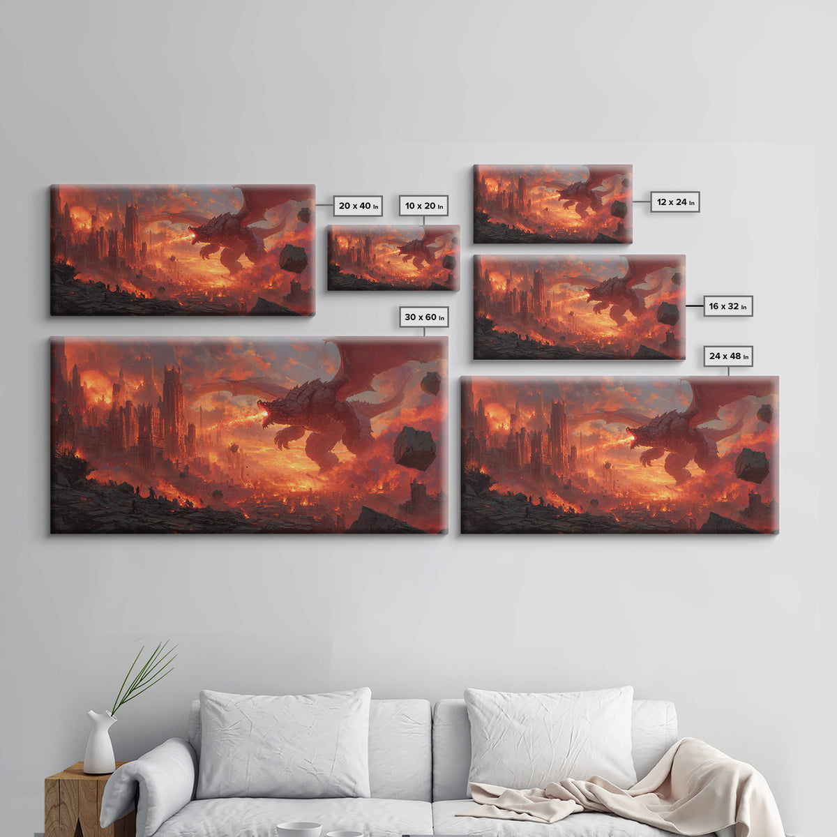 Fire Breathing Dragon Over Burning City Canvas Print, Dark Fantasy Wall Art, Epic Gothic Decor, Gaming Room Gift For Him
