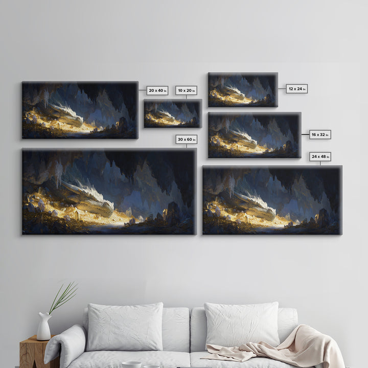 Sleeping Dragon In Golden Cave Wall Art, Fantasy Canvas Print, Mythical Creature Decor, Dark Academia Home Decor, Gift For Him