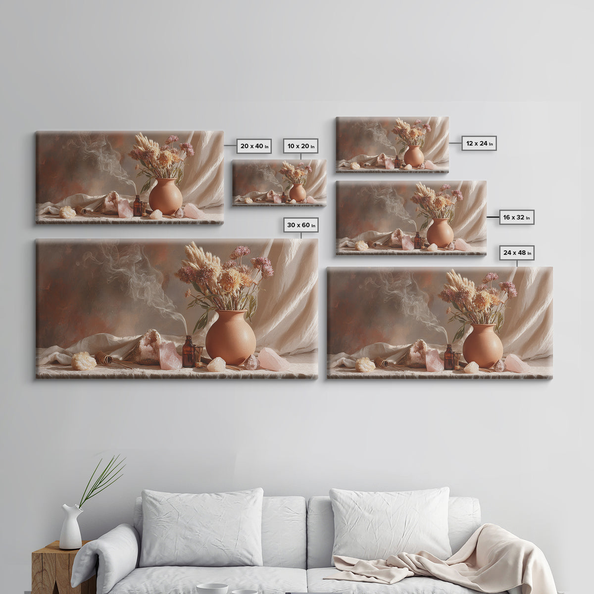 Dried Flowers And Rose Quartz Still Life Wall Art, Boho Apothecary Decor, Neutral Botanical Canvas Print, Gift For Her, Modern Home Decor