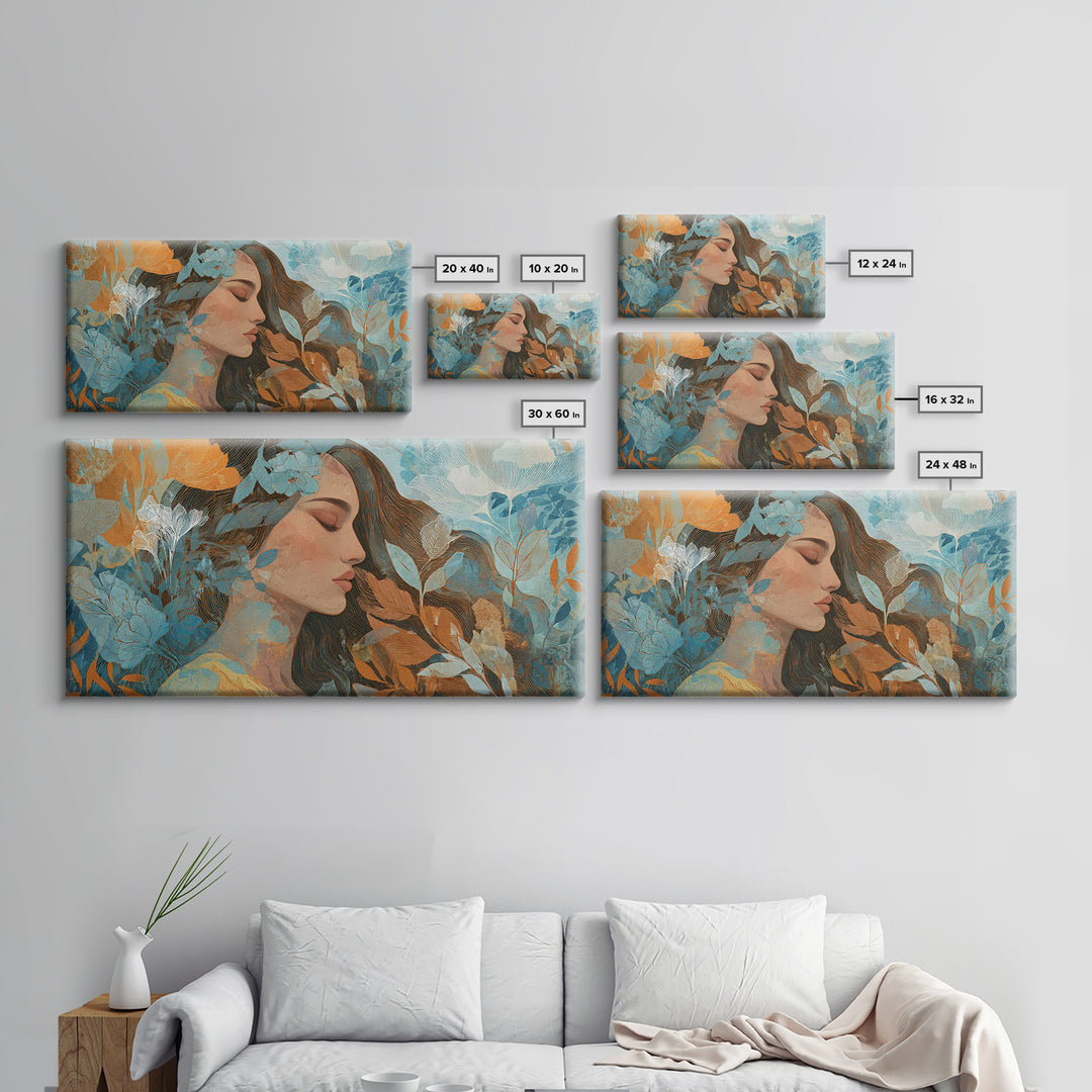 Serene Woman With Blue Botanicals Canvas Print, Abstract Floral Portrait, Modern Wall Art For Living Room Decor, Gift For Her