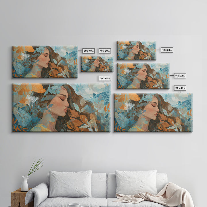 Serene Woman With Blue Botanicals Canvas Print, Abstract Floral Portrait, Modern Wall Art For Living Room Decor, Gift For Her