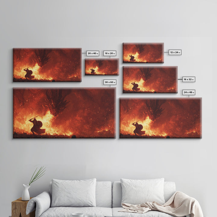 Dragon Fire Battle Canvas Print, Epic Fantasy Wall Art, Warrior Vs Dragon Painting, Dark Fantasy Home Decor Gift For Gamer Room