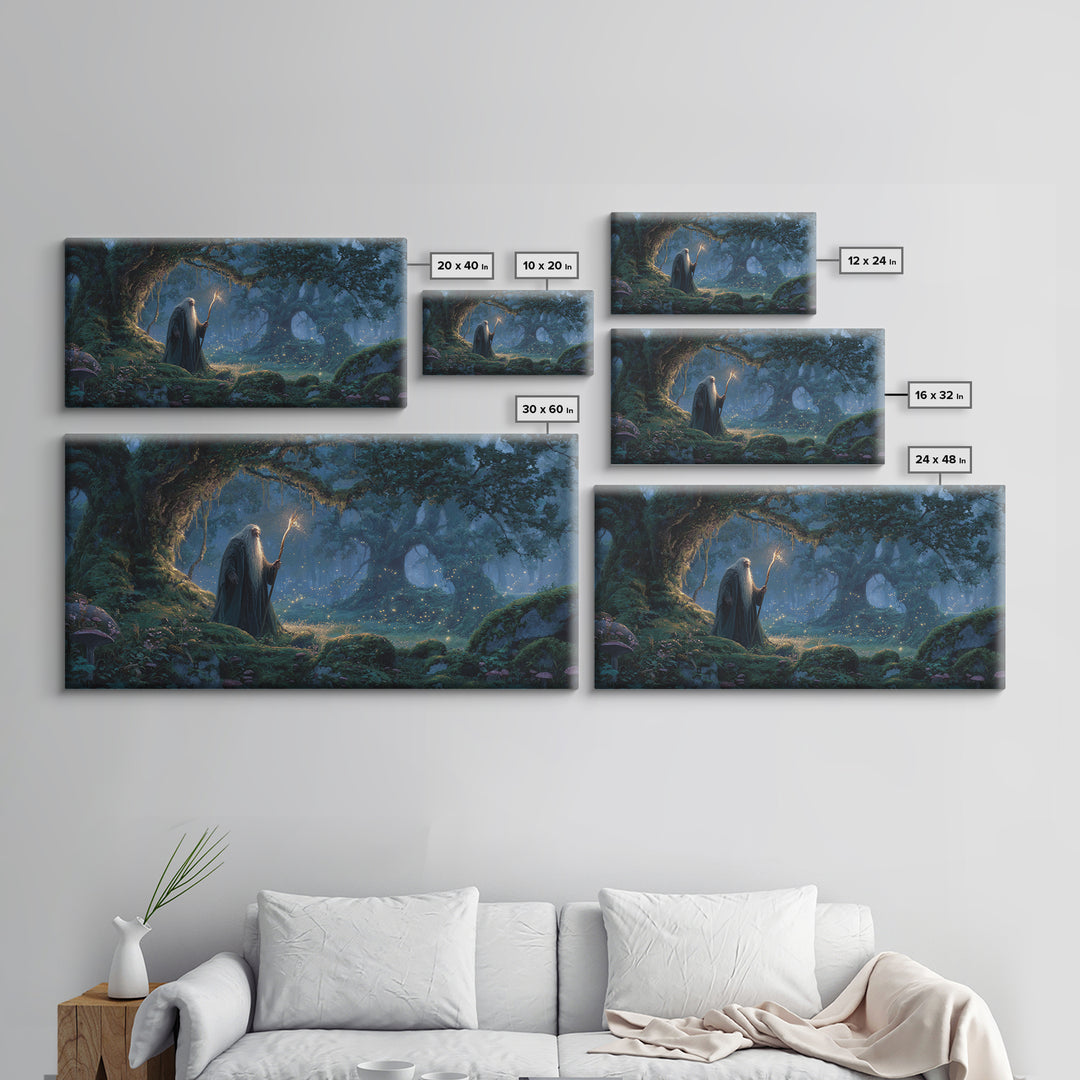 Wizard In Moonlit Enchanted Forest Canvas Print, Fantasy Wall Art, Magical Woodland Decor For Cozy Reading Nook Gift For Her