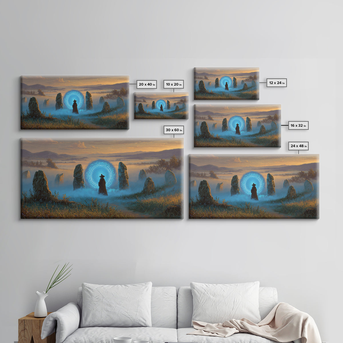 Mystic Portal Stone Circle Canvas Print, Blue Magical Landscape Wall Art, Fantasy Decor, Witchy Celestial Art Print Gift