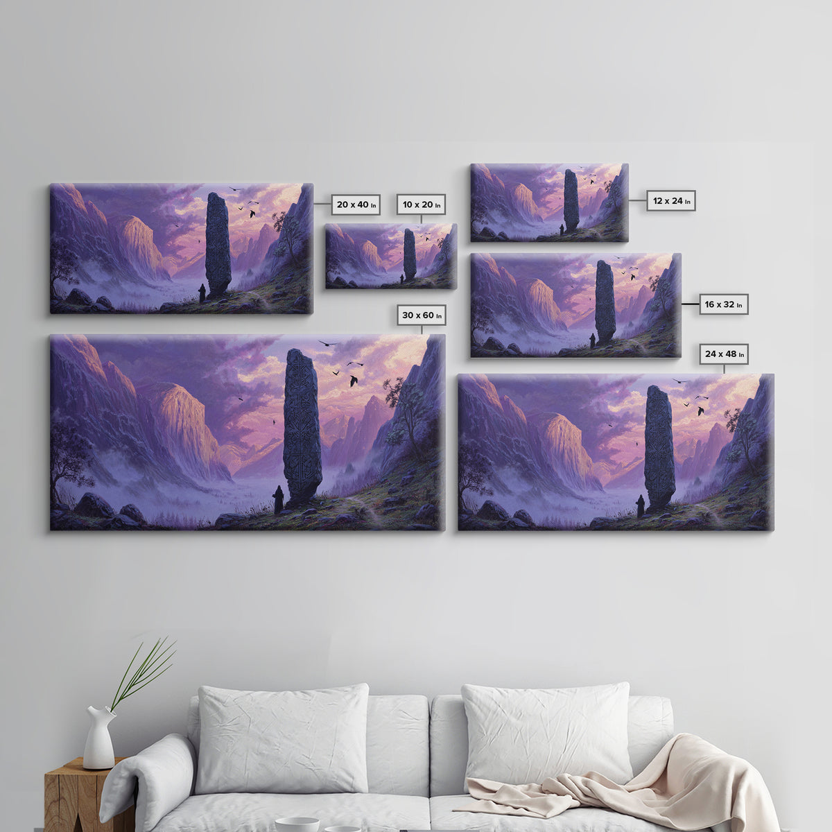 Ancient Rune Monolith Mountain Valley Canvas Print, Epic Fantasy Landscape Wall Decor, Purple Mist Adventure Art For Game Room