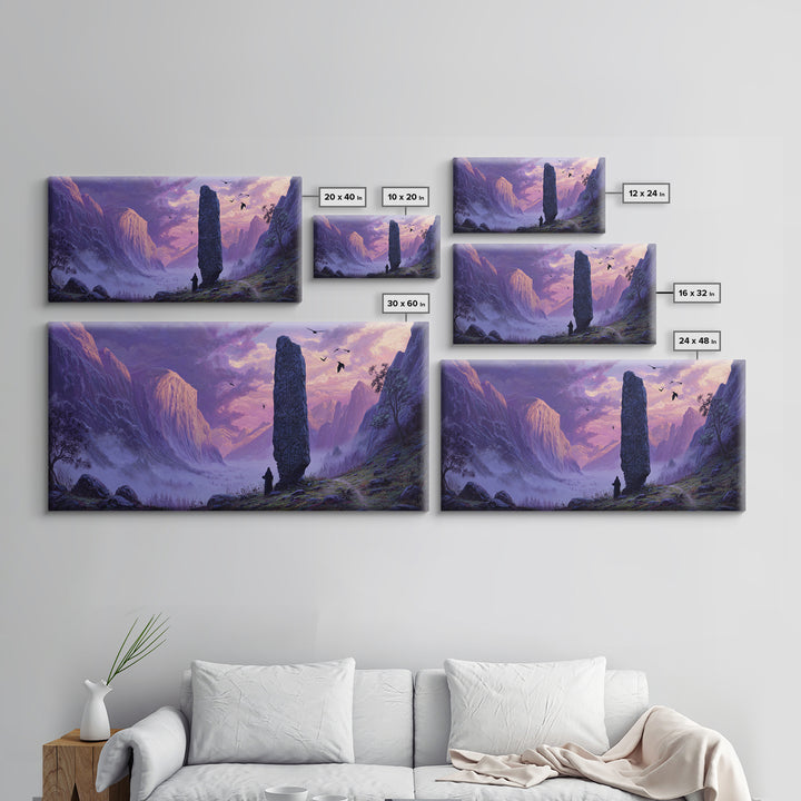 Ancient Rune Monolith Mountain Valley Canvas Print, Epic Fantasy Landscape Wall Decor, Purple Mist Adventure Art For Game Room