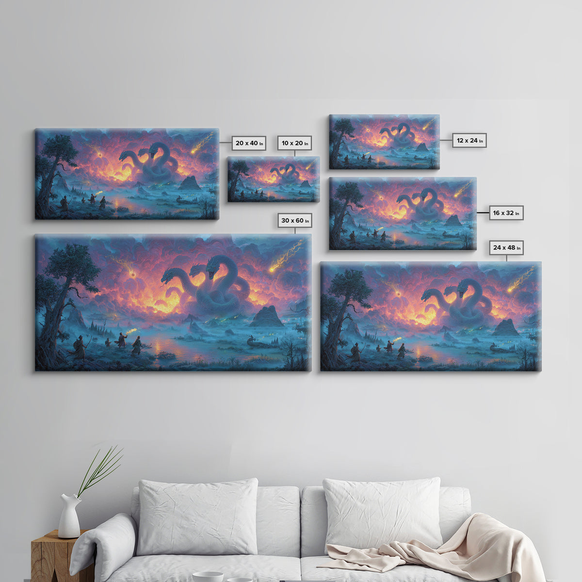Three Headed Hydra Lake Wall Art, Epic Fantasy Canvas Print, Dragon Battle Decor, Mythical Creature Art For Game Room Decor