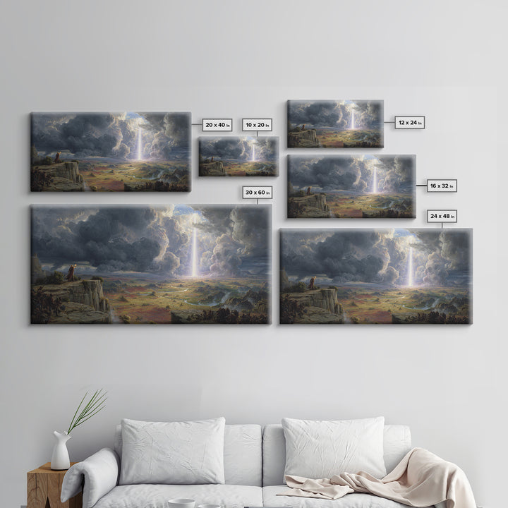 Divine Light Over Epic Battlefield Canvas Print, Fantasy Landscape Wall Art, Dark Academia Decor, Statement Artwork, Large Wall Art