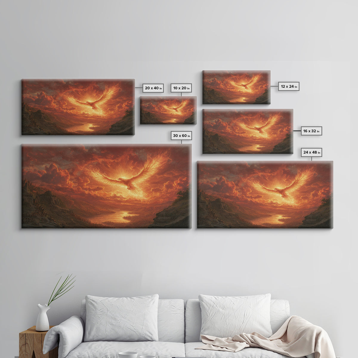 Fiery Phoenix Over Epic Valley Canvas Print, Fantasy Wall Art, Mythical Bird Painting For Gaming Room And Dramatic Home Decor