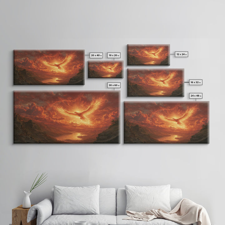 Fiery Phoenix Over Epic Valley Canvas Print, Fantasy Wall Art, Mythical Bird Painting For Gaming Room And Dramatic Home Decor