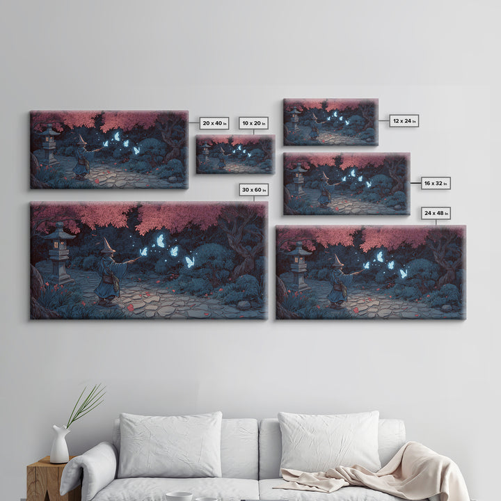 Wizard In Cherry Blossom Garden Wall Art, Magical Blue Butterfly Canvas Print, Japanese Fantasy Decor For Kids Room And Nursery