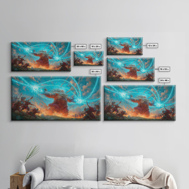 Giant Storm Mage Casting Lightning Canvas Print, Epic Fantasy Wall Art For Gaming Room Decor And Dramatic Statement Artwork