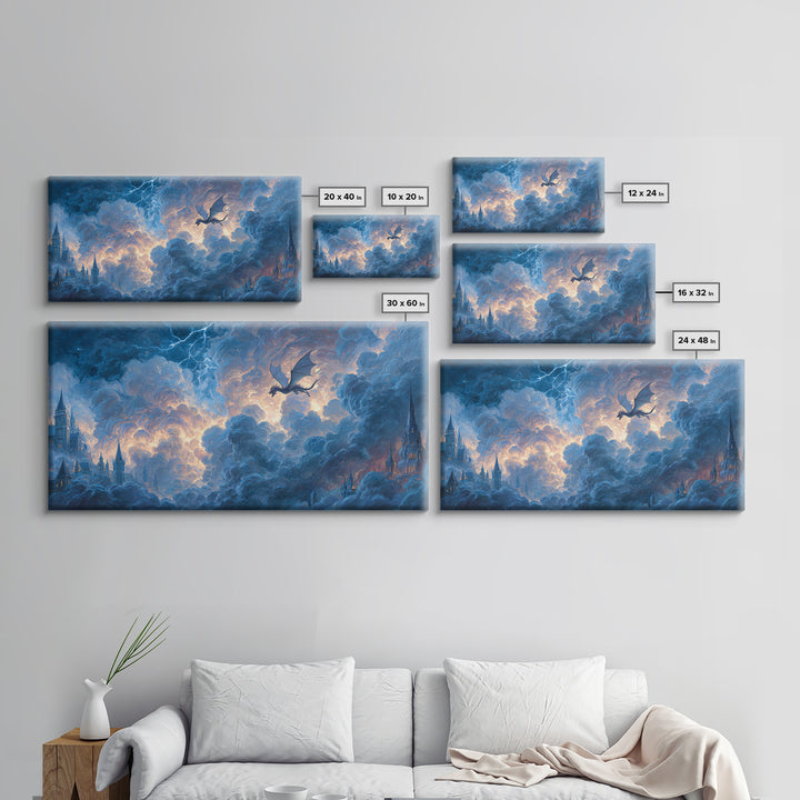 Storm Dragon Soaring Over Cloud Castles Framed Canvas Print, Fantasy Wall Art, Dramatic Sky Art, Medieval Home Decor, Gift For Him