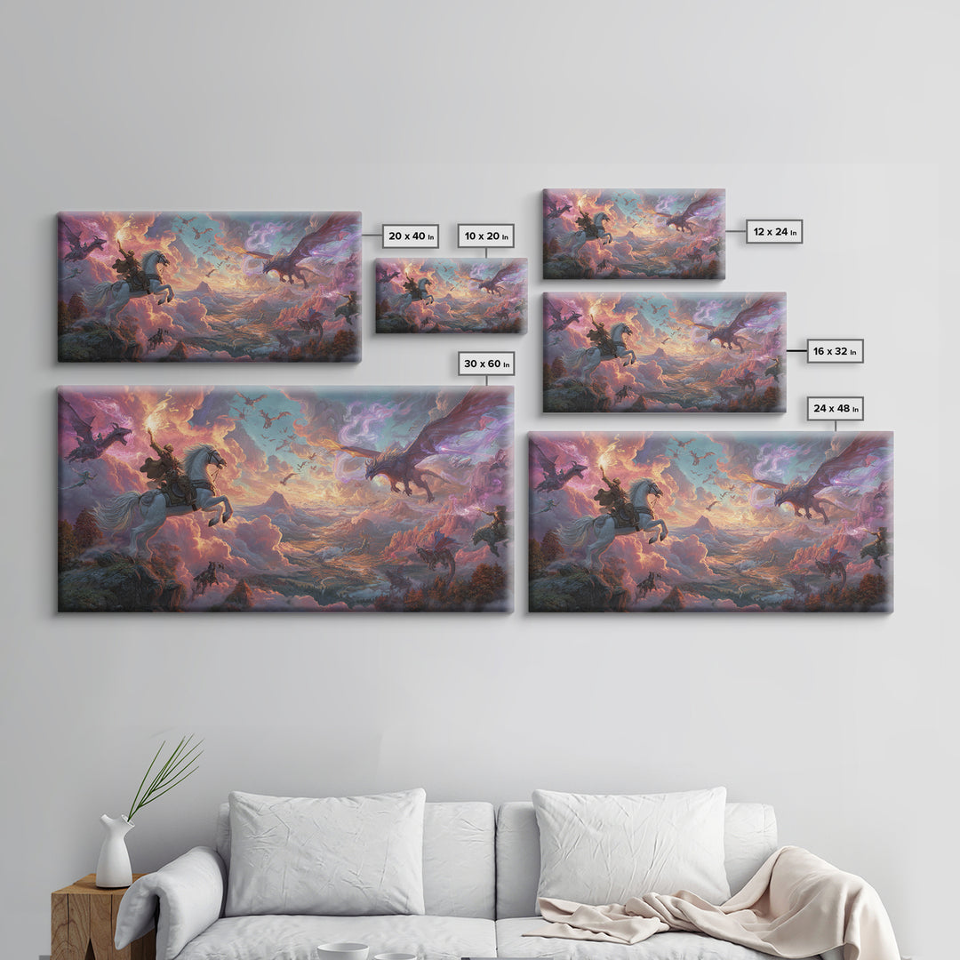 Knight And Dragons Battle Wall Art, Winged Fantasy Sky Canvas, Epic Medieval Adventure Decor, Large Mythical Art Print Gift