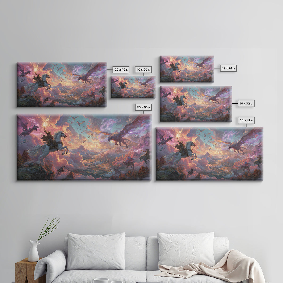 Knight And Dragons Battle Wall Art, Winged Fantasy Sky Canvas, Epic Medieval Adventure Decor, Large Mythical Art Print Gift