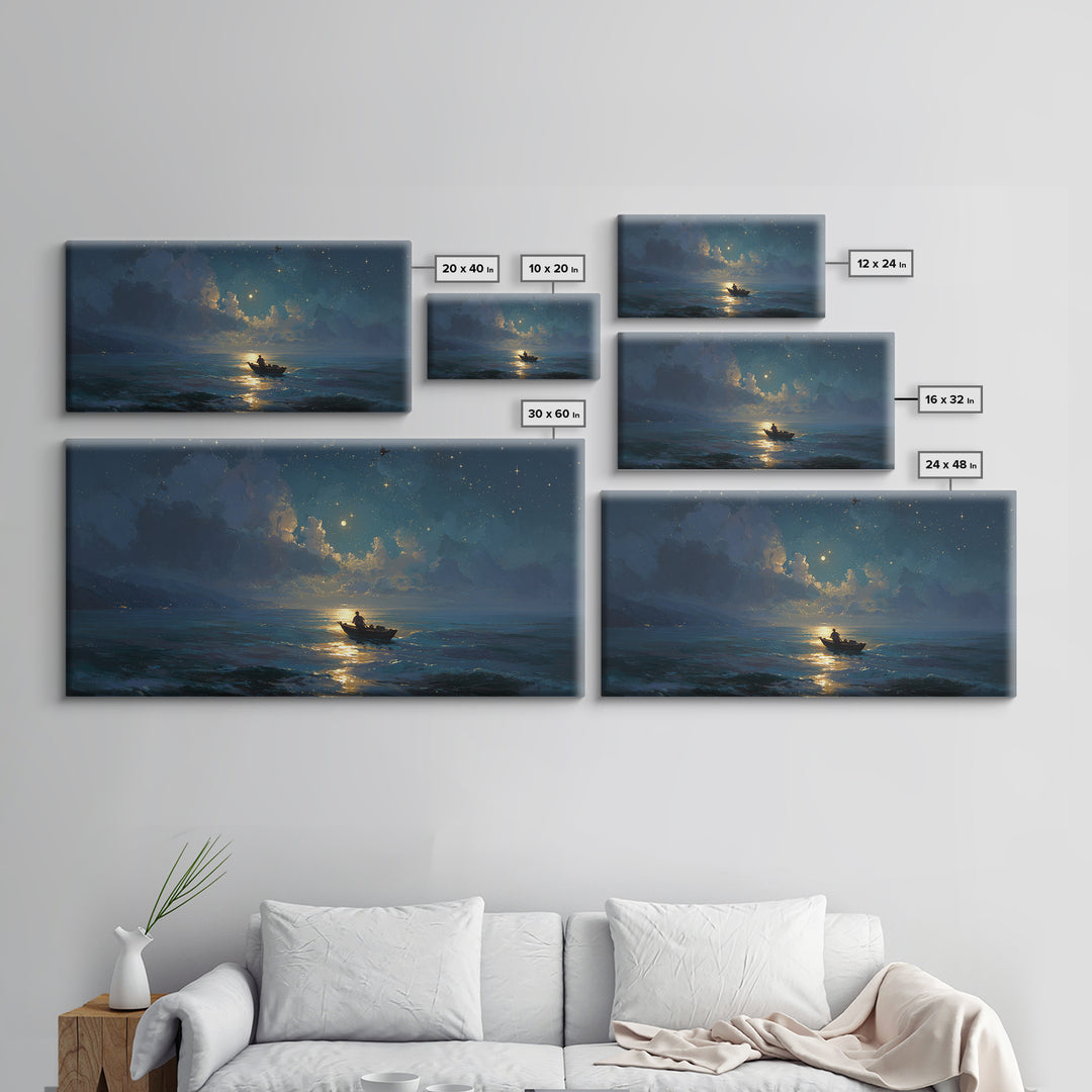 Moonlit Ocean Boat Under Starry Sky Wall Art, Celestial Seascape Canvas Print, Nautical Decor, Romantic Coastal Artwork Gift