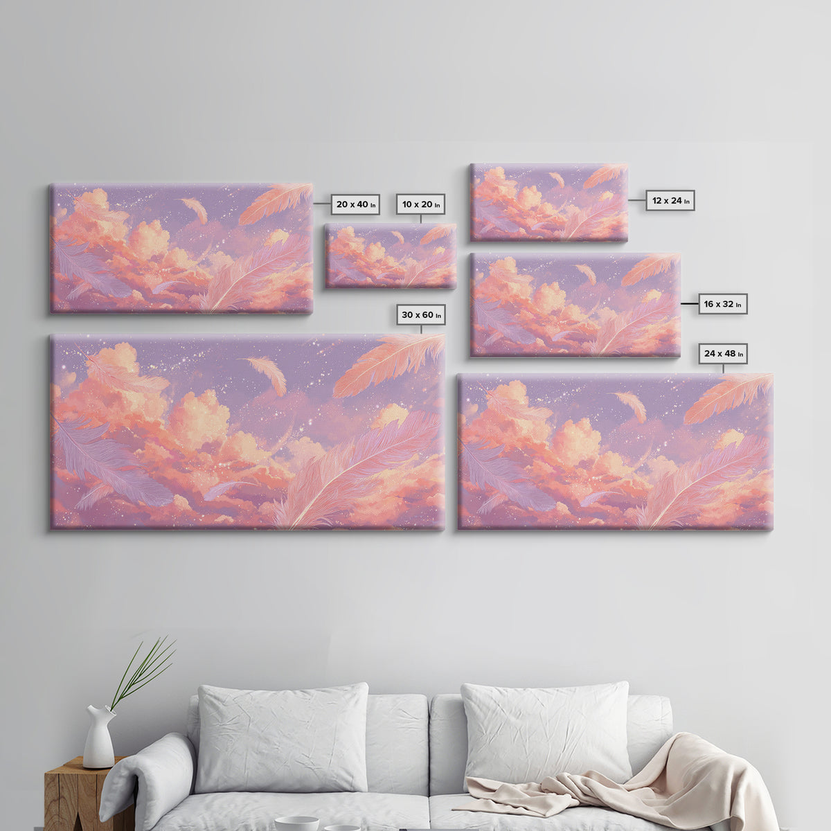 Peach Pink Cloudscape With Feathers Wall Art, Celestial Pastel Sky Canvas Print, Dreamy Nursery And Bedroom Decor, Gift For Her