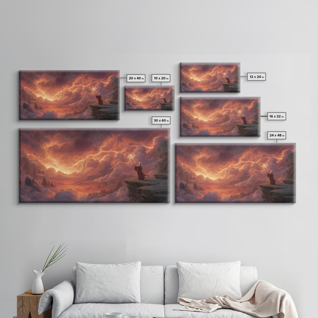 Wizard On Cliff Above Fiery Clouds Wall Art, Epic Fantasy Landscape, Mystical Magic Decor, Dramatic Canvas Print, Gift For Him