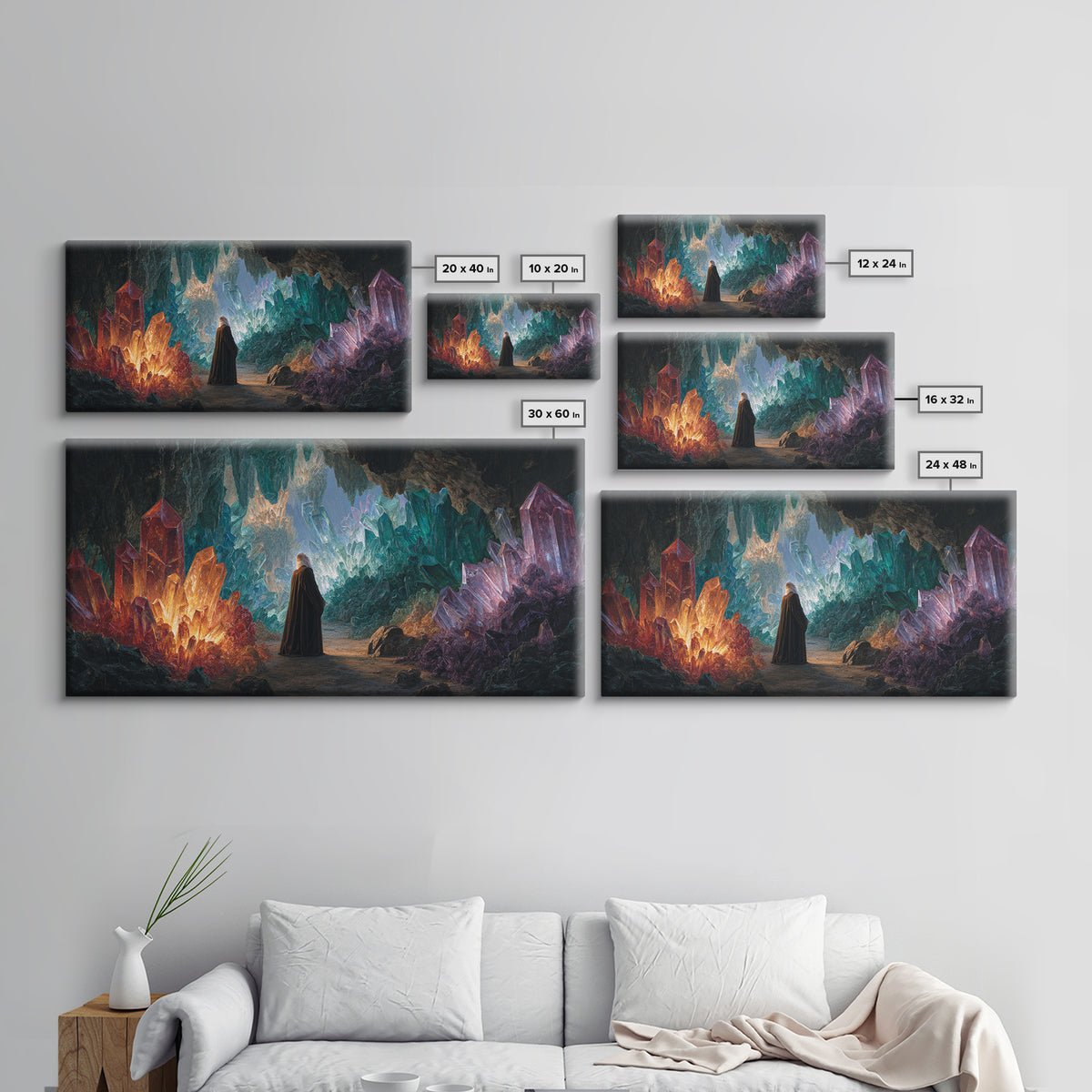 Glowing Crystal Cavern Wall Art, Fantasy Cave Canvas Print, Jewel Tone Decor, Mystical Landscape, Unique Gift For Her Decor