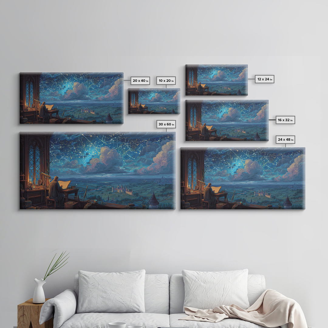 Scholar Studying A Starry Medieval Sky Wall Art, Gothic Library Decor, Fantasy Castle Landscape, Dark Academia Print, Book Lover Gift