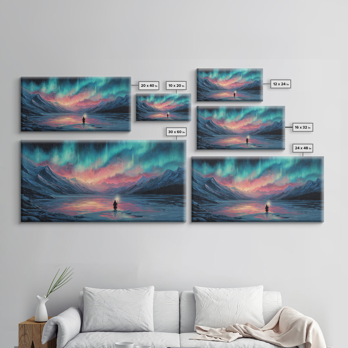 Northern Lights Over Mountain Lake Canvas Print, Aurora Wall Art, Peaceful Landscape For Cabin Decor And Above Bed Wall Decor