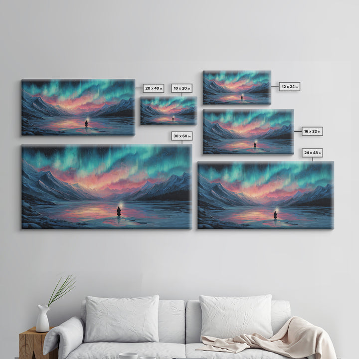 Northern Lights Over Mountain Lake Canvas Print, Aurora Wall Art, Peaceful Landscape For Cabin Decor And Above Bed Wall Decor