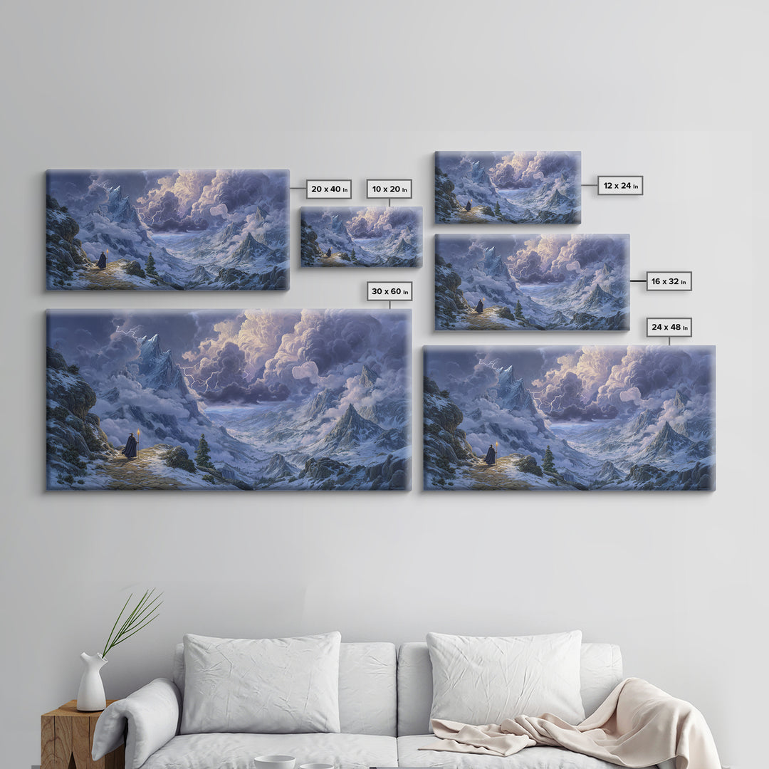 Snowy Mountain Wizard Wall Art, Epic Fantasy Canvas Print, Dungeons And Dragons Decor, Winter Landscape, Gamer Gift, Gift For Him