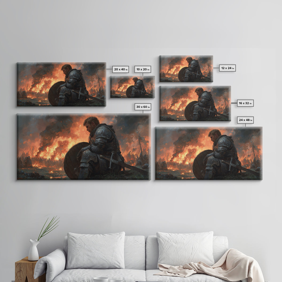 Wounded Medieval Knight On Burning Battlefield Wall Art, Dark Fantasy Warrior Canvas, Gothic Man Cave Decor, Gift For Him