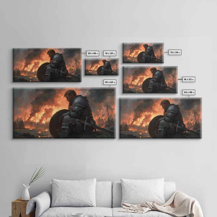 Wounded Medieval Knight On Burning Battlefield Wall Art, Dark Fantasy Warrior Canvas, Gothic Man Cave Decor, Gift For Him