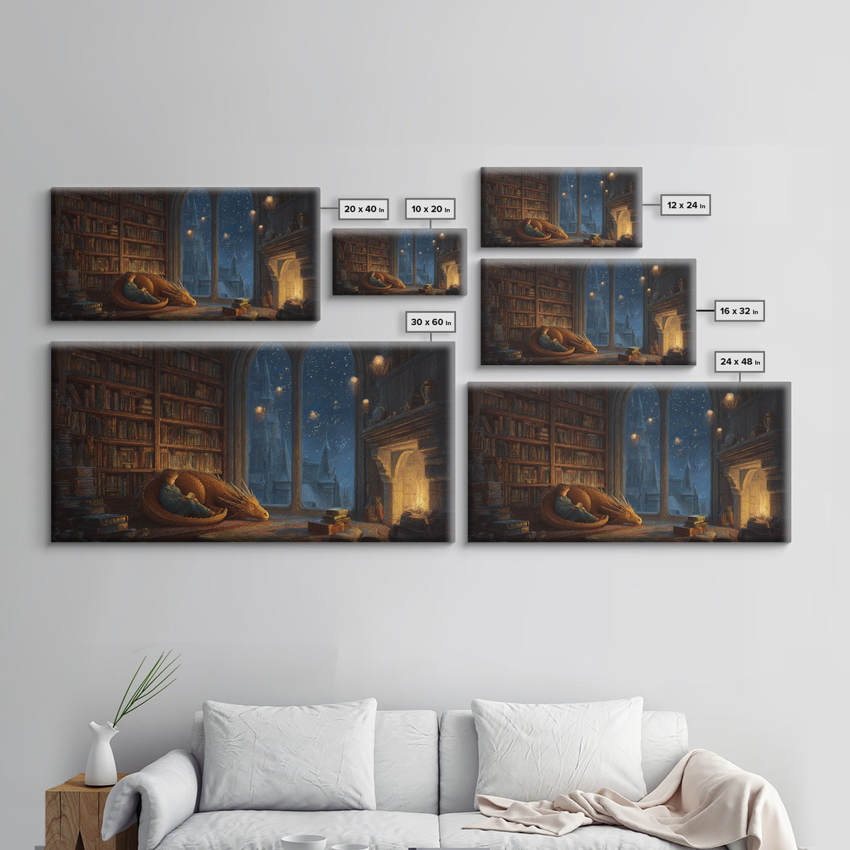 Sleeping Dragon In Cozy Library Wall Art, Fantasy Book Nook Canvas Print, Dark Academia Decor, Gift For Book Lover And Reader