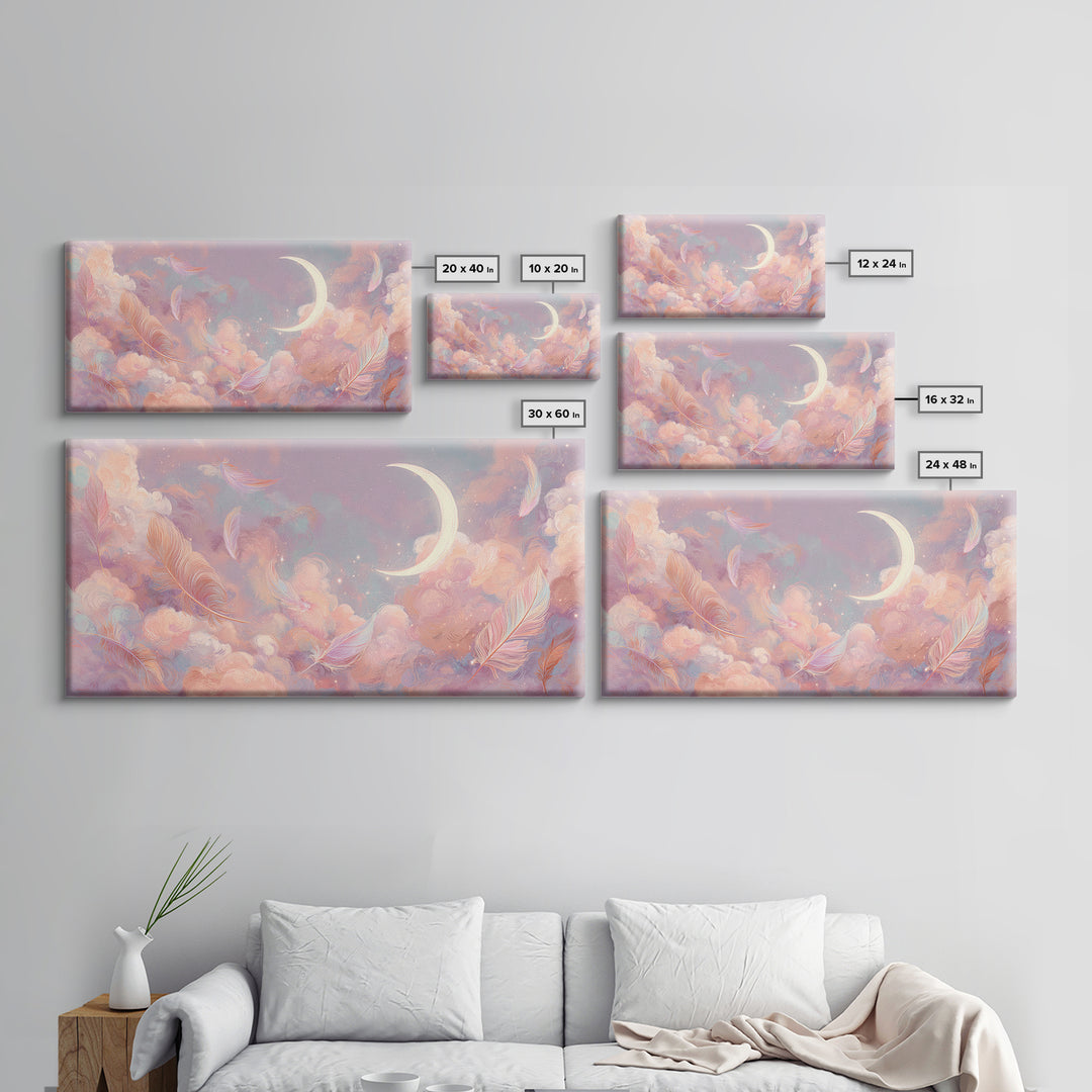 Crescent Moon And Pastel Feather Clouds Canvas Print, Celestial Wall Art, Soft Pink Nursery Decor, Dreamy Bedroom Decor, Gift