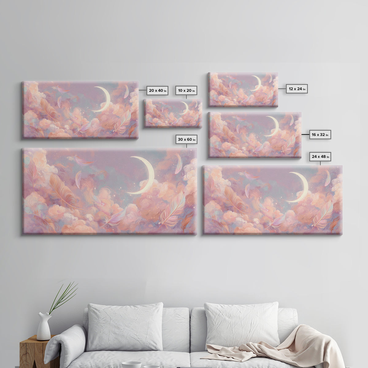 Crescent Moon And Pastel Feather Clouds Canvas Print, Celestial Wall Art, Soft Pink Nursery Decor, Dreamy Bedroom Decor, Gift