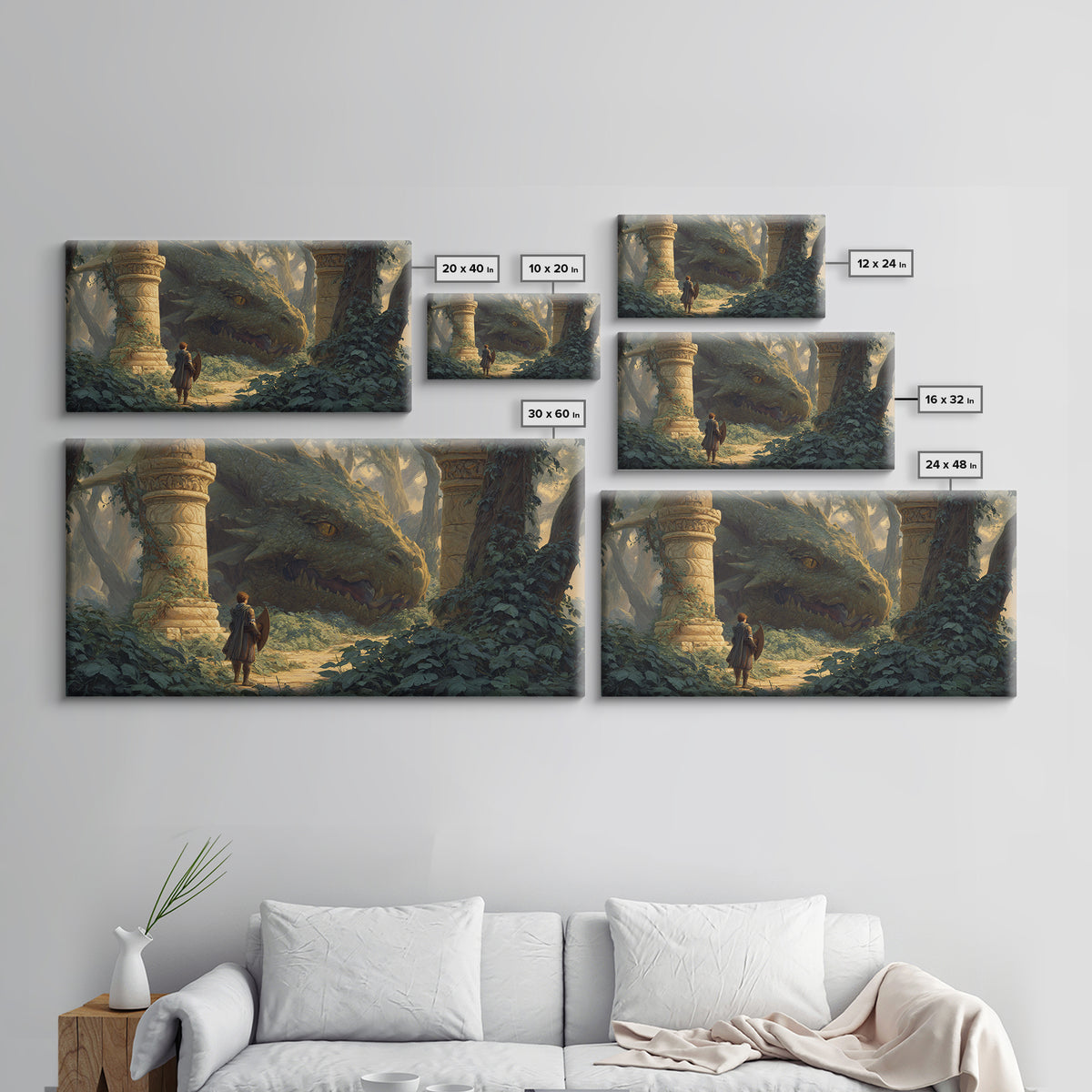 Ancient Forest Dragon Encounter Canvas Print, Fantasy Adventure Artwork, Medieval Ruins Decor, Dragon Art Print, Gift For Gamer