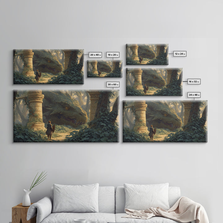 Ancient Forest Dragon Encounter Canvas Print, Fantasy Adventure Artwork, Medieval Ruins Decor, Dragon Art Print, Gift For Gamer