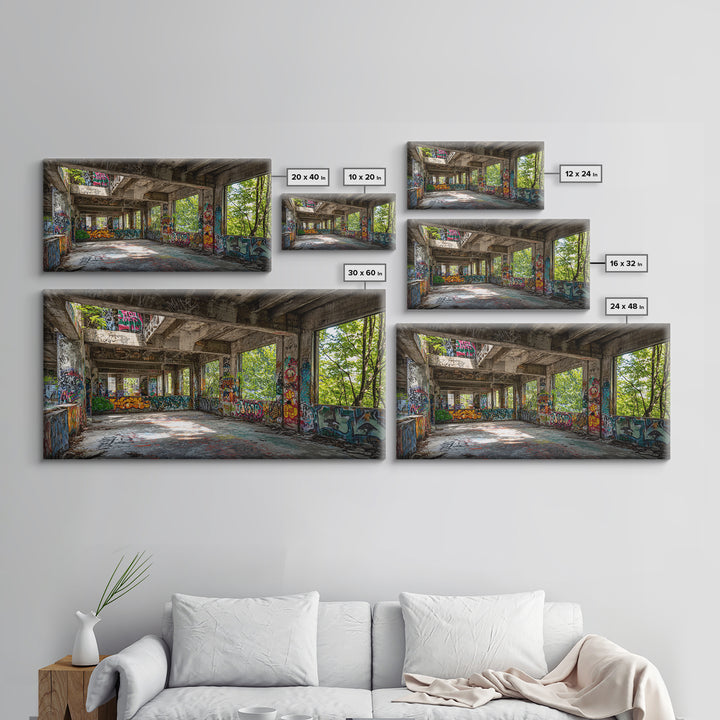 Abandoned Graffiti Warehouse Canvas Print, Urban Decay Wall Art, Industrial Street Art Decor, Edgy Loft Photography Print