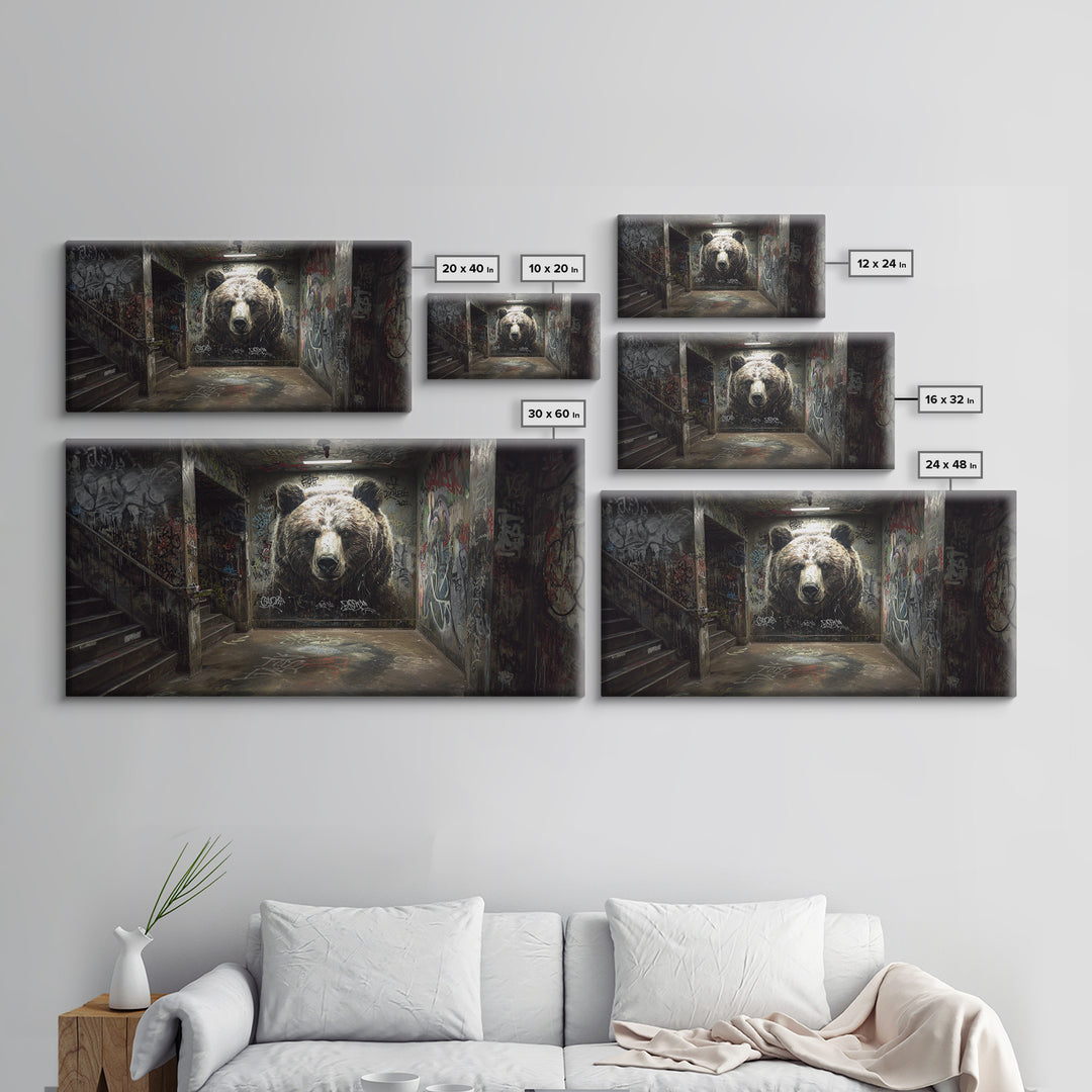 Giant Bear Graffiti Tunnel Wall Art, Urban Street Art Print, Edgy Industrial Decor, Modern Office Poster, Wildlife Mural