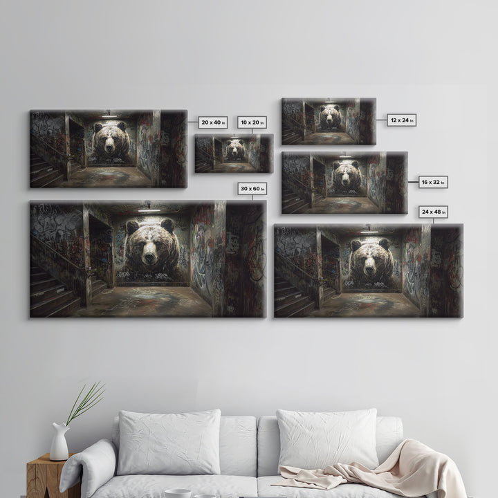 Giant Bear Graffiti Tunnel Wall Art, Urban Street Art Print, Edgy Industrial Decor, Modern Office Poster, Wildlife Mural