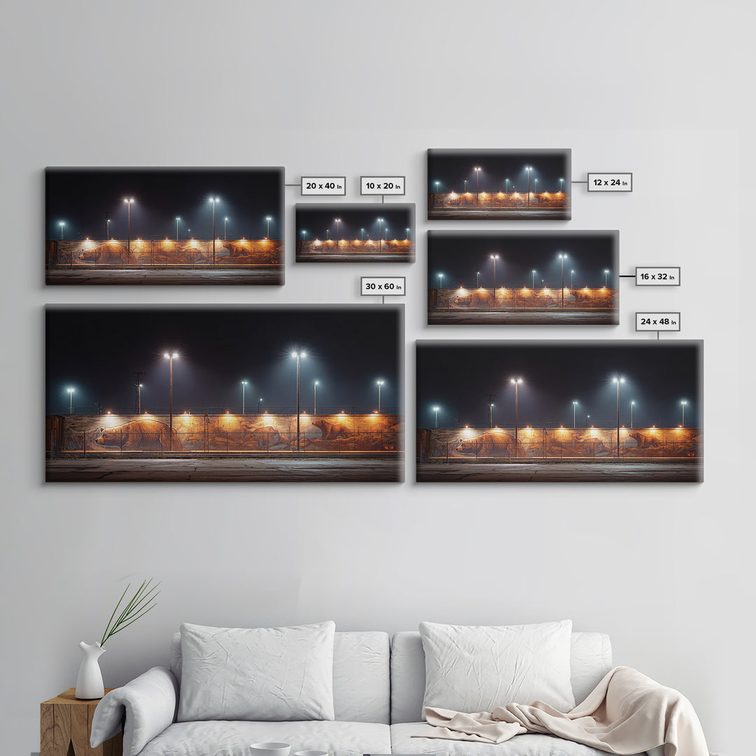 Night Industrial Light Yard Wall Art, Urban Street Photography Style Canvas, Moody Office Decor, Modern Loft Print For Him