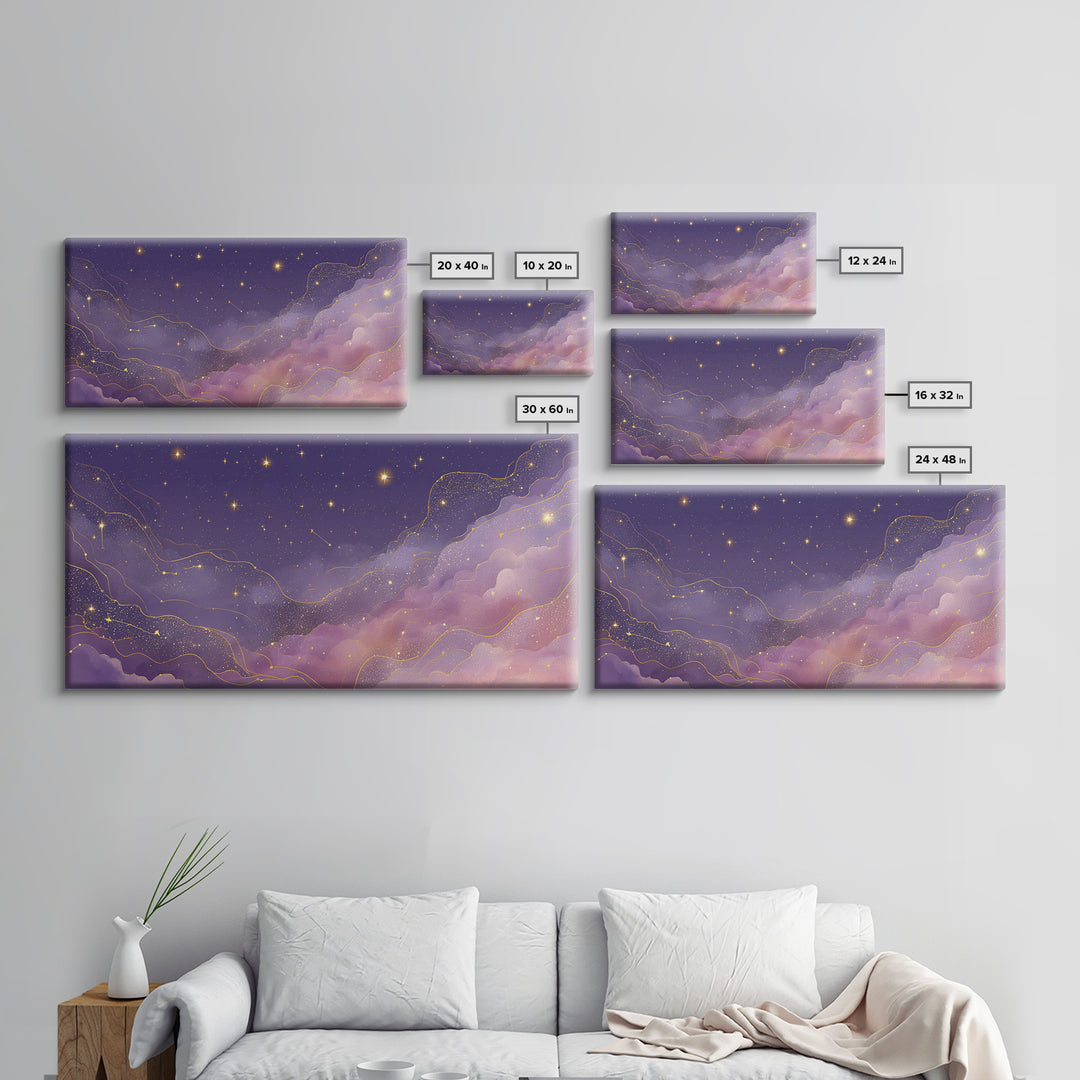 Purple Starry Sky With Gold Constellations Wall Art, Celestial Canvas Print, Mystical Bedroom Decor, Astrology Gift For Her