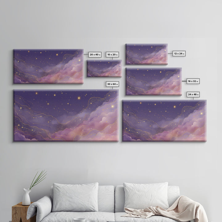 Purple Starry Sky With Gold Constellations Wall Art, Celestial Canvas Print, Mystical Bedroom Decor, Astrology Gift For Her
