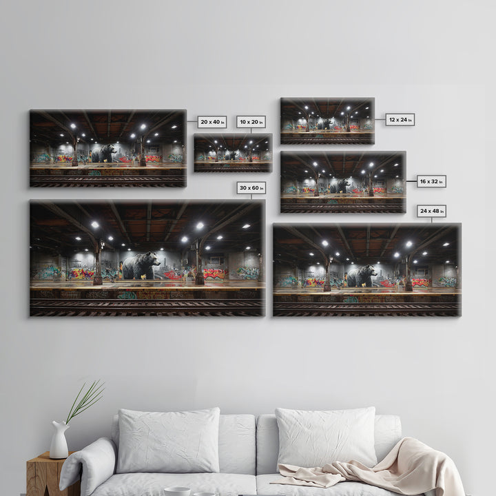Urban Bear In Graffiti Subway Station Wall Art, Industrial Wildlife Canvas, Modern Street Art Print For Loft And Man Cave Decor