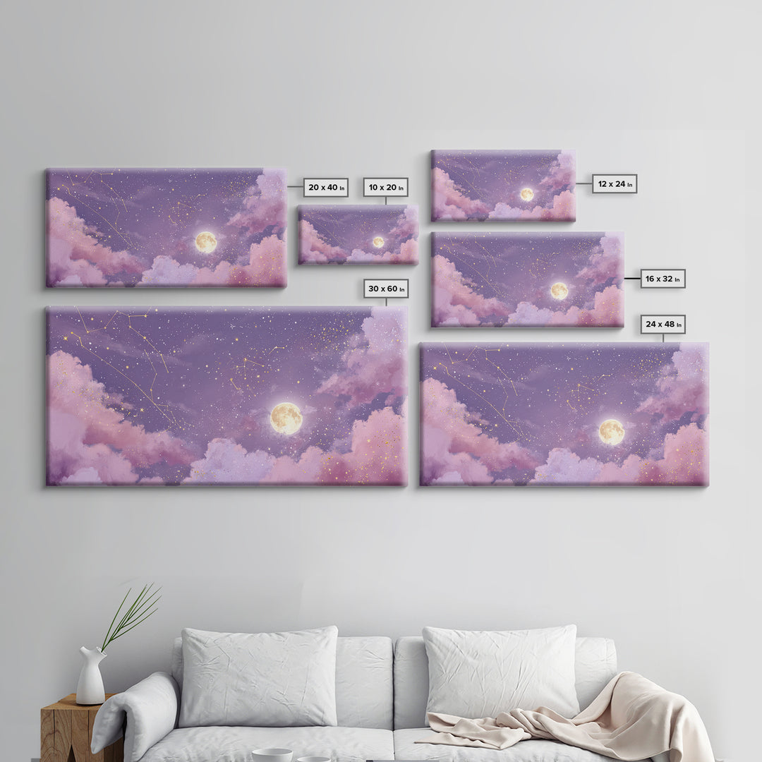 Full Moon Purple Night Sky Wall Art, Gold Constellations And Clouds Canvas Print, Celestial Bedroom Decor Gift, Astrology Wall Decor