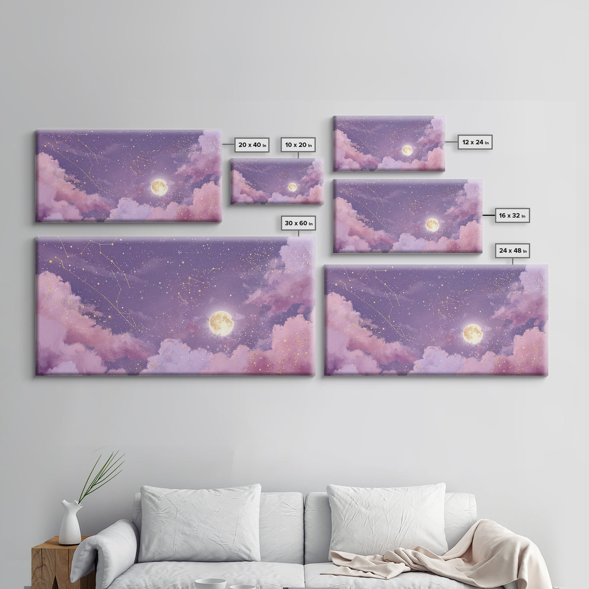 Full Moon Purple Night Sky Wall Art, Gold Constellations And Clouds Canvas Print, Celestial Bedroom Decor Gift, Astrology Wall Decor