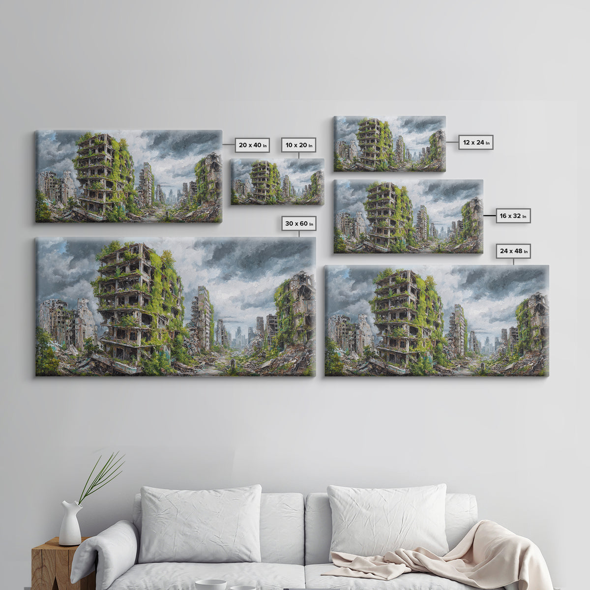 Overgrown Ruined Cityscape Wall Art, Post Apocalyptic Landscape Canvas Print, Urban Nature Decor For Modern Home And Office